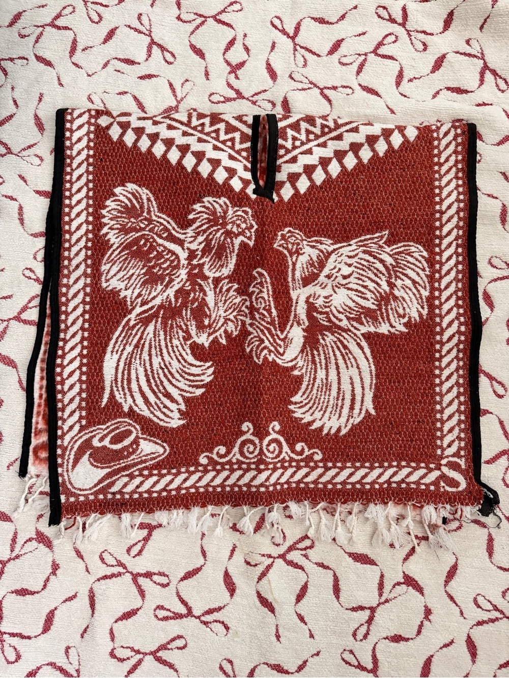 Women's Red and White Rooster-Print Cape Poncho
